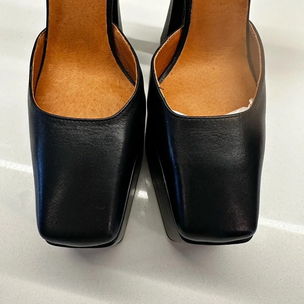 L'INTERVALLE Cabaret Black Leather Platform Shoes Block Heels square toe size 37 - Picture 7 of 13